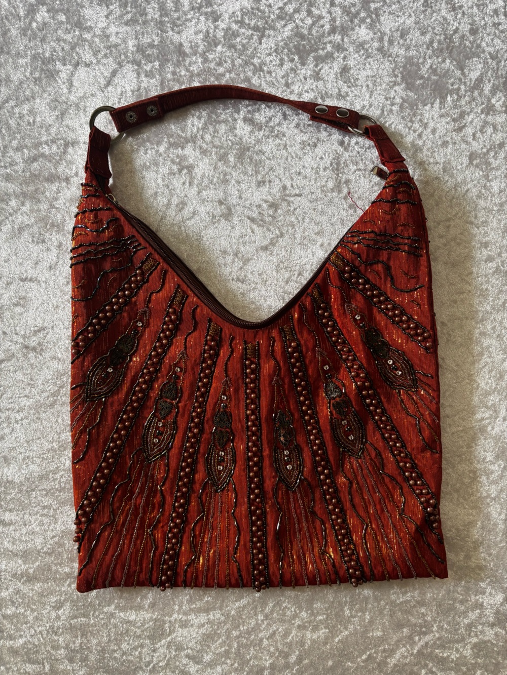 Y2K Beaded Hobo Shoulder Bag Burnt Orange Boho Embellished Purse